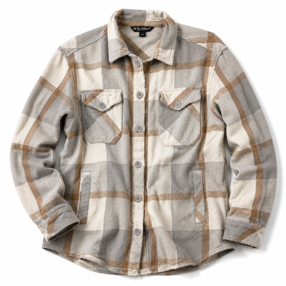 The B.C. Clothing Co. Plaid Flannel Shirt Jacket Grey Tan Cotton Shacket Large